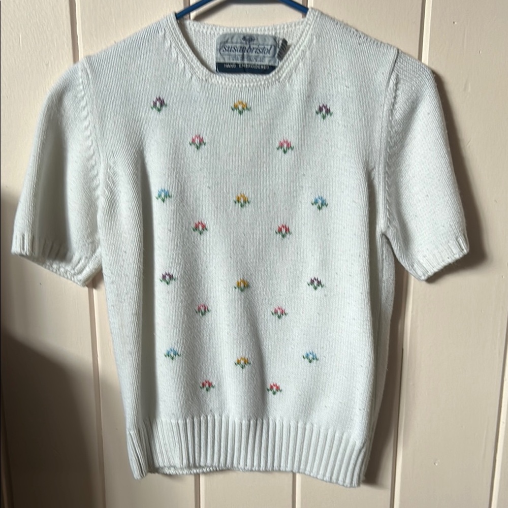 Susan Bristol White Sweater Flower Embroidery Vintage Jane Austen Tea Party